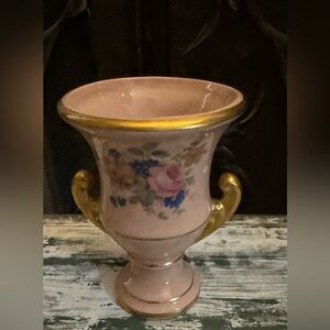 Vintage Porcelain/Ceramic Floral Vase Gold Trim 8"exc cond
